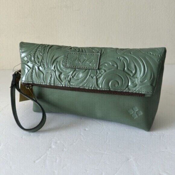 PATRICIA NASH Leath Tooled “Valerie” Wristlet Clutch Fold-Over Pouch Sage Green